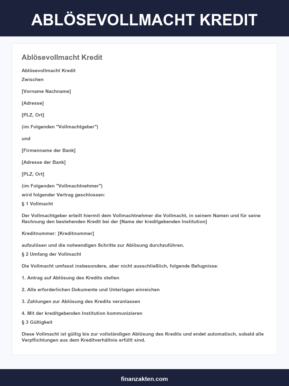 Ablösevollmacht Kredit Vorlage
