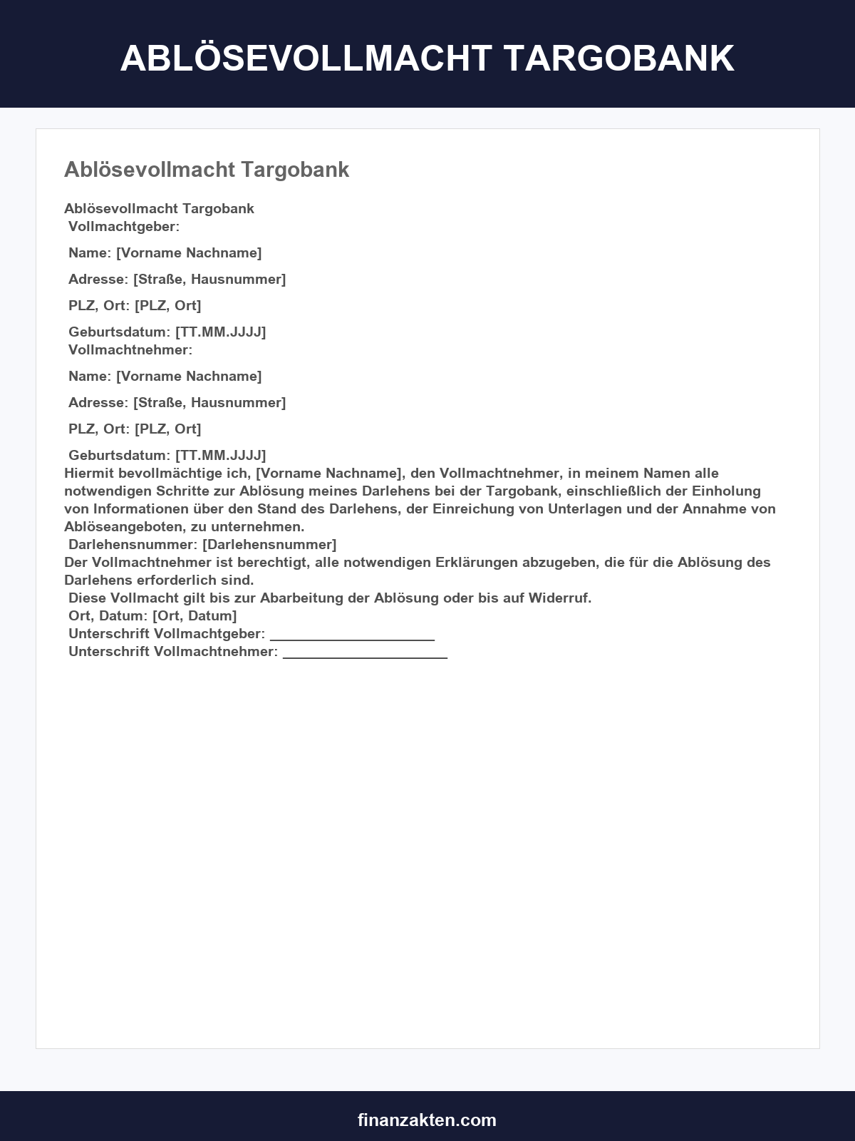 Ablösevollmacht Vorlage Targobank