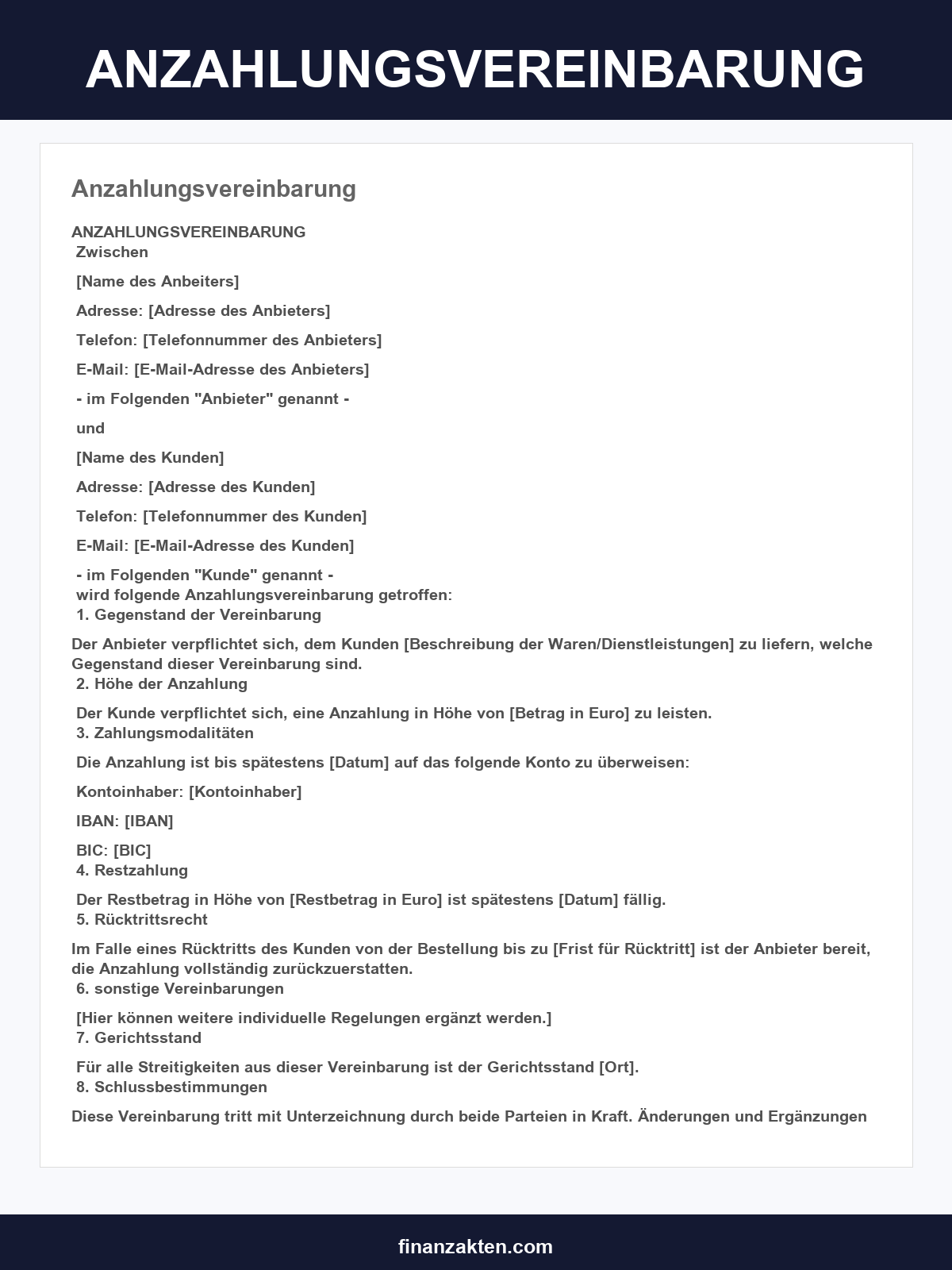 Anzahlungsvereinbarung Muster