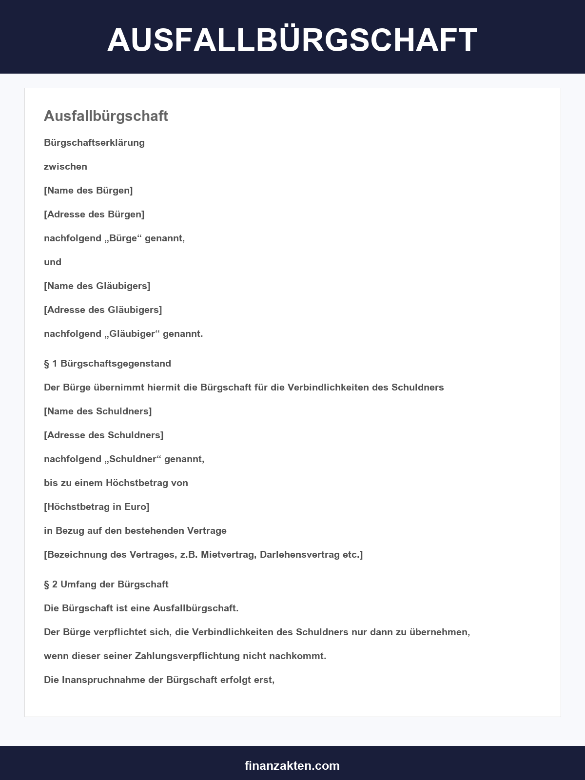 Ausfallbürgschaft Vorlage