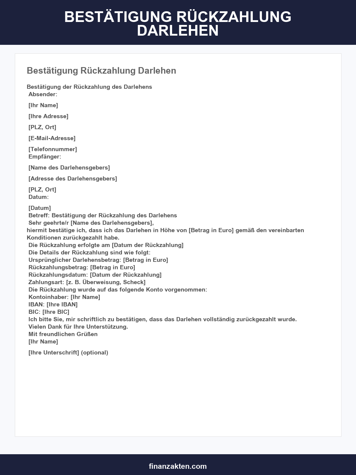 Bestätigung Rückzahlung Darlehen Muster
