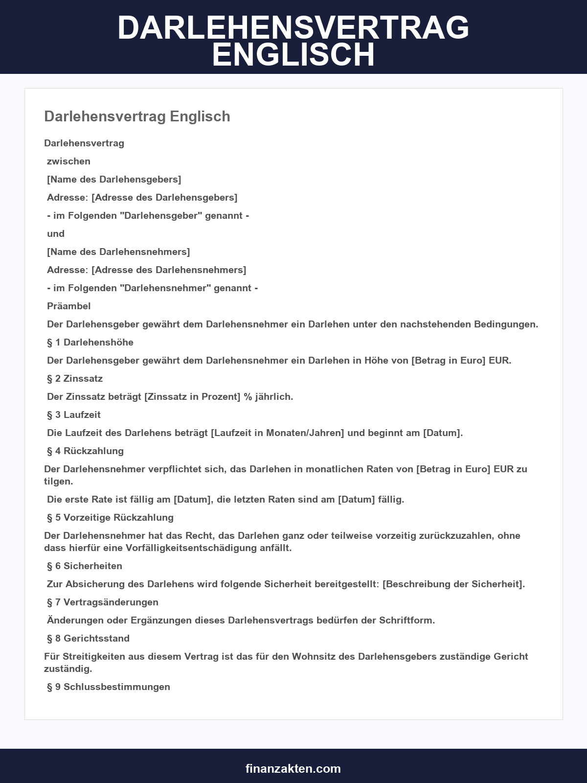 Darlehensvertrag Englisch Muster