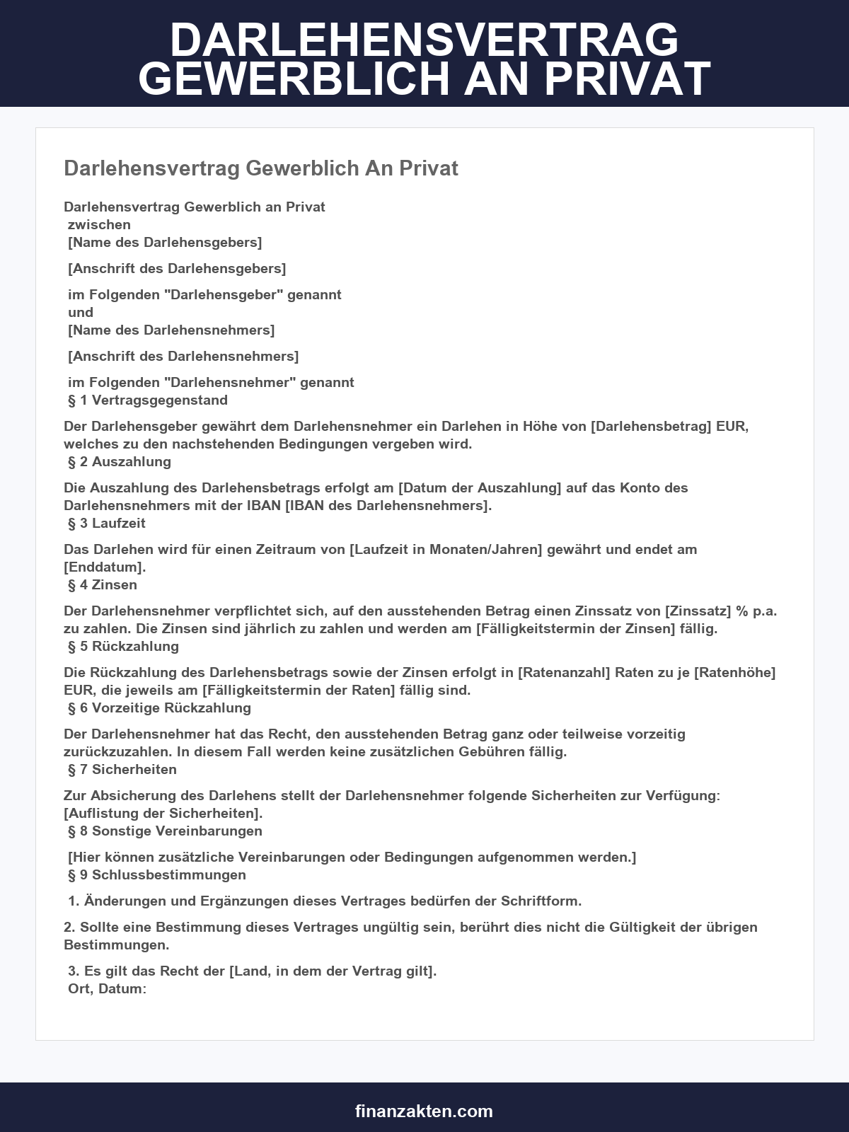 Darlehensvertrag Muster Gewerblich An Privat