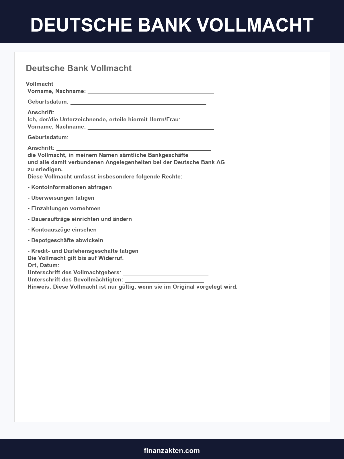 Deutsche Bank Vollmacht Formular