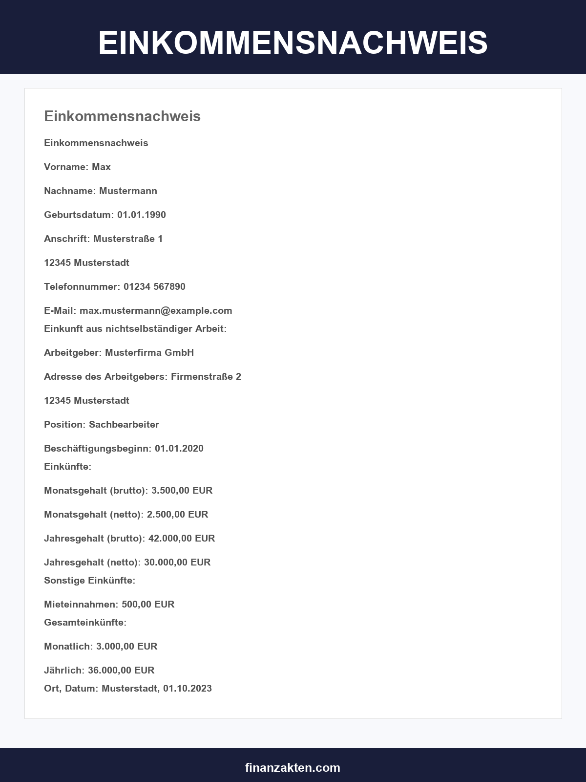 Einkommensnachweis Vorlage