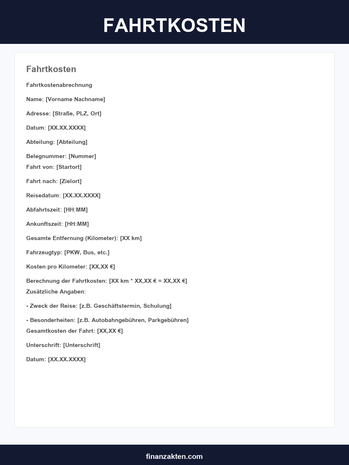 Fahrtkosten Vorlage