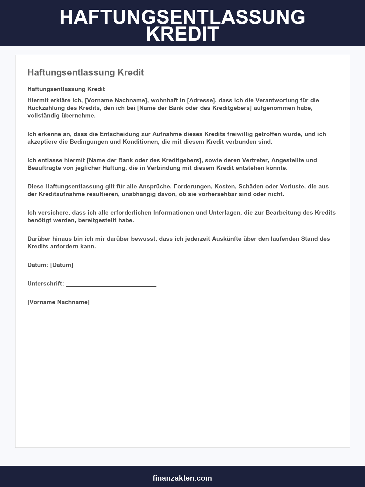 Haftungsentlassung Kredit Vorlage