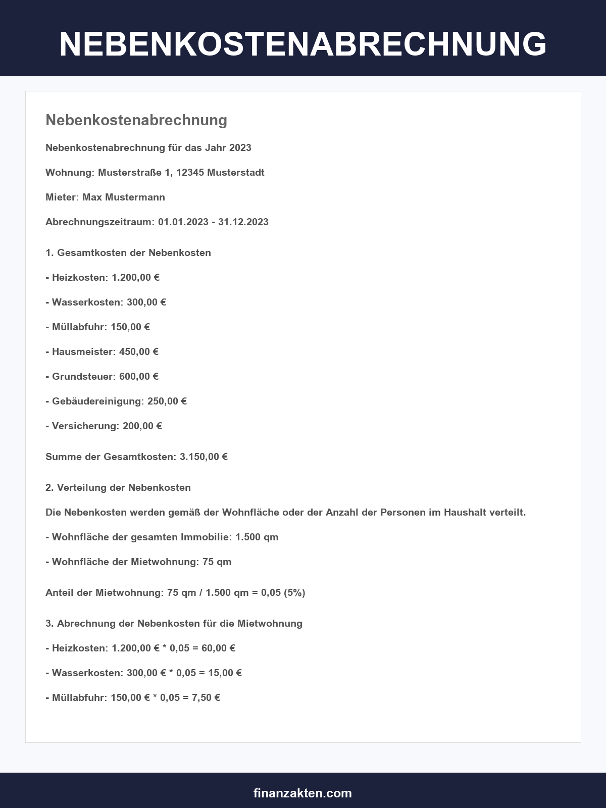 Nebenkostenabrechnung Vorlage
