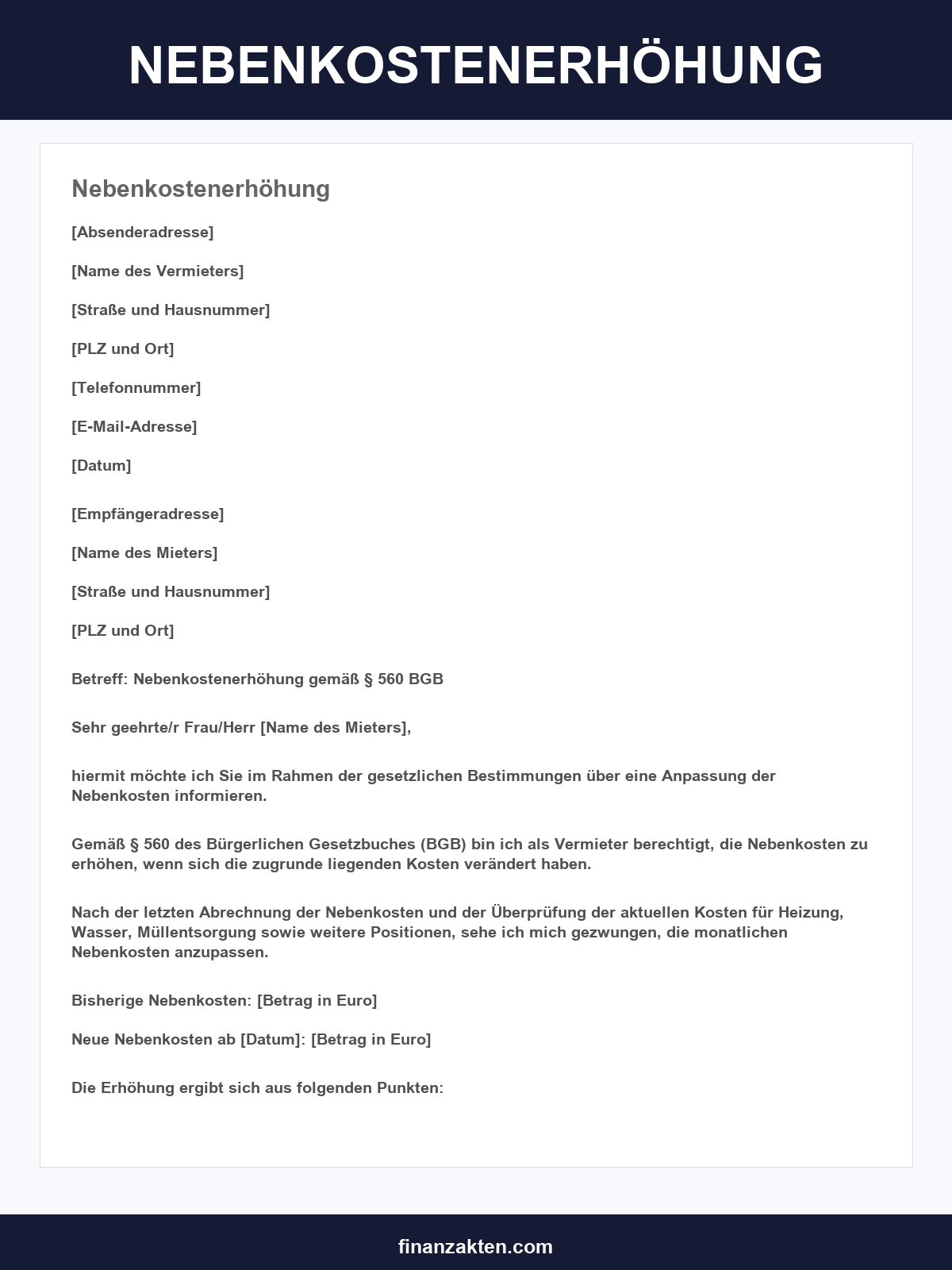 Nebenkostenerhöhung Vorlage