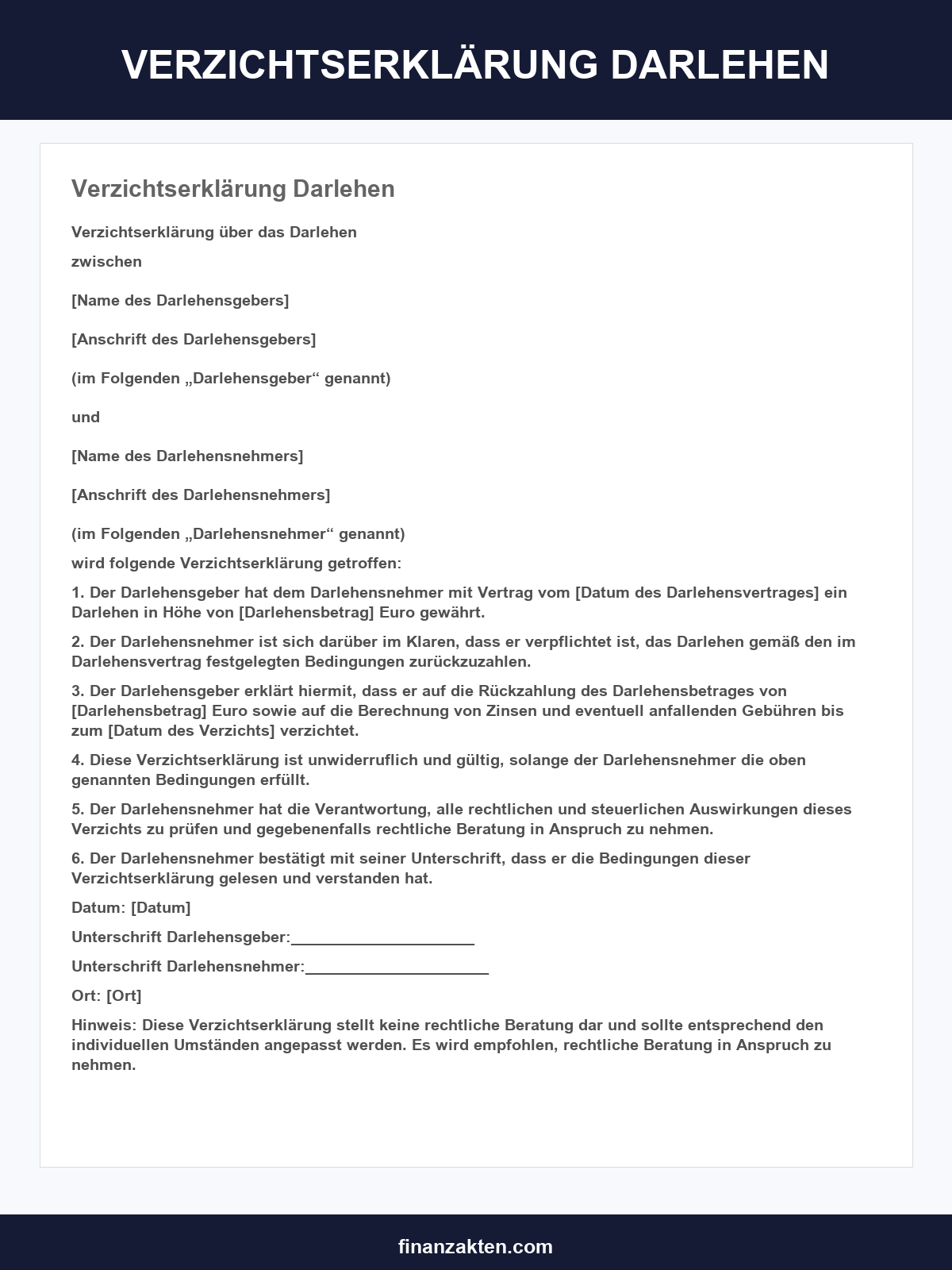 Verzichtserklärung Darlehen Muster