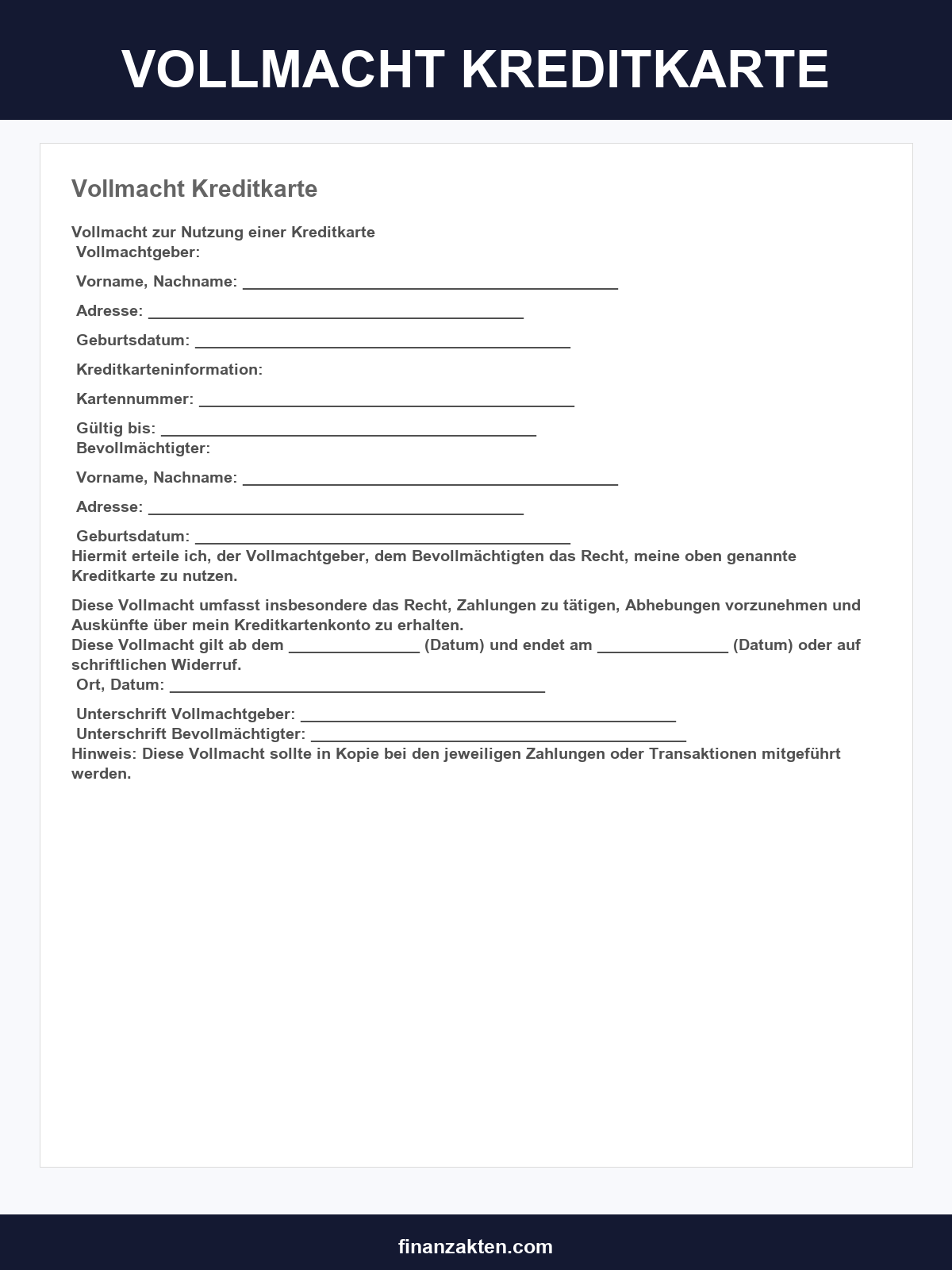 Vollmacht Kreditkarte Vorlage
