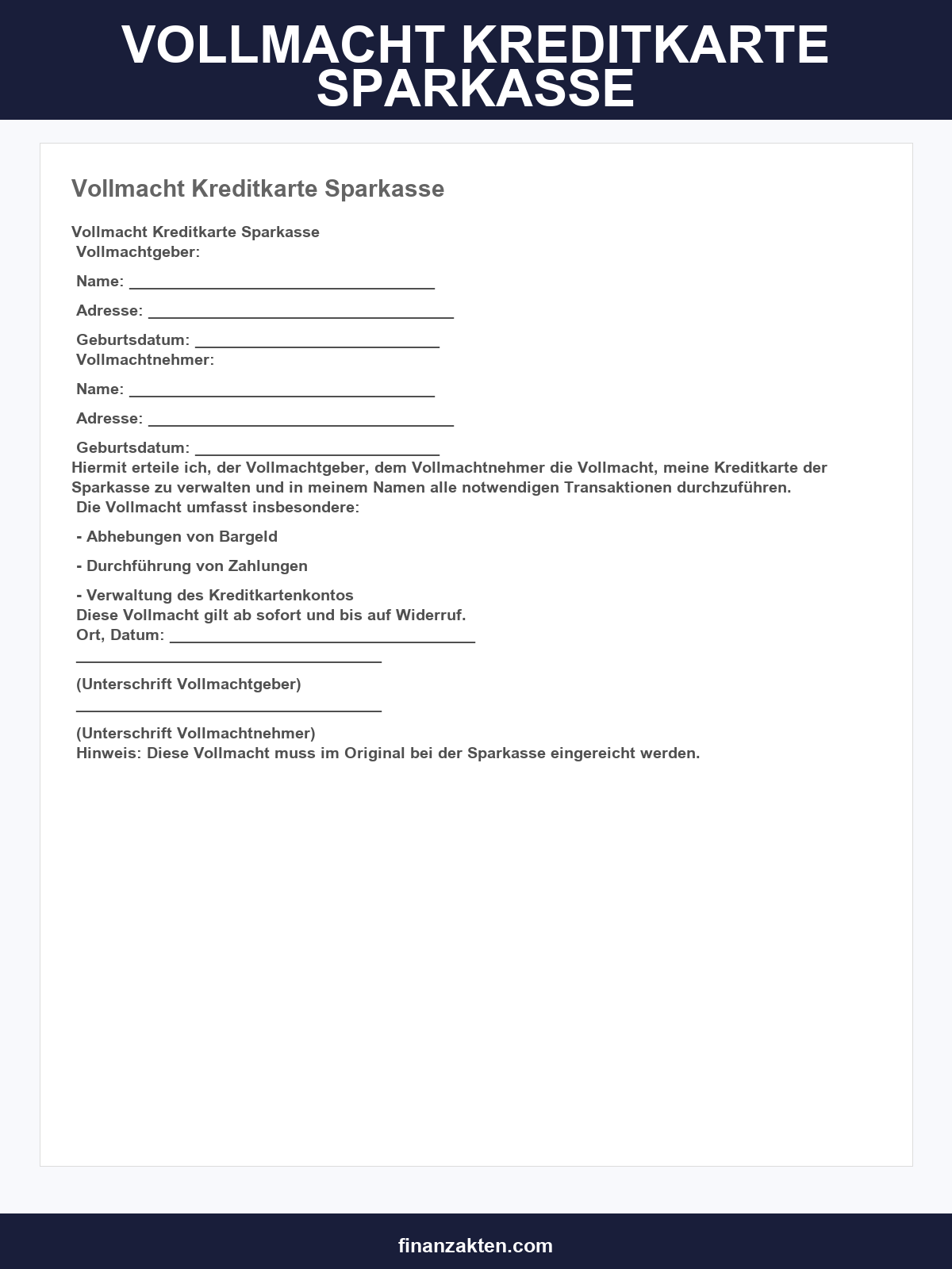 Vollmacht Kreditkarte Vorlage Sparkasse