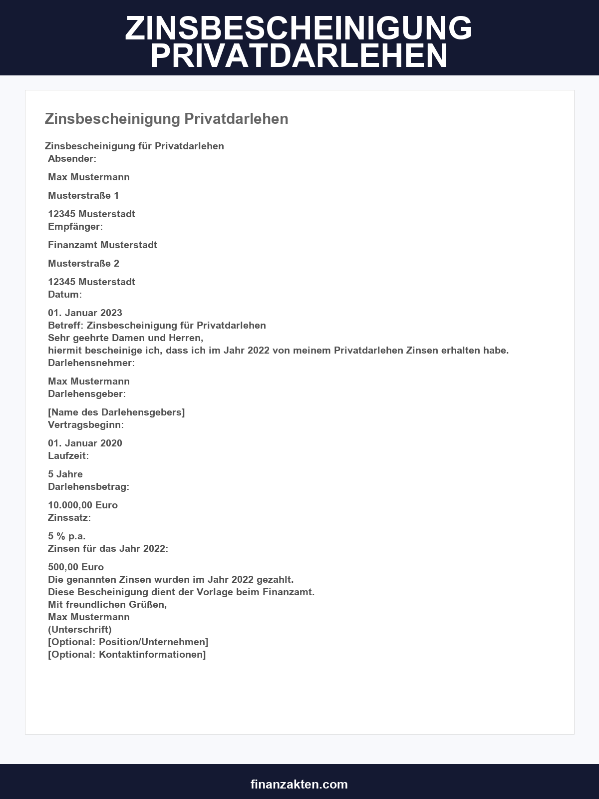 Zinsbescheinigung Privatdarlehen Muster