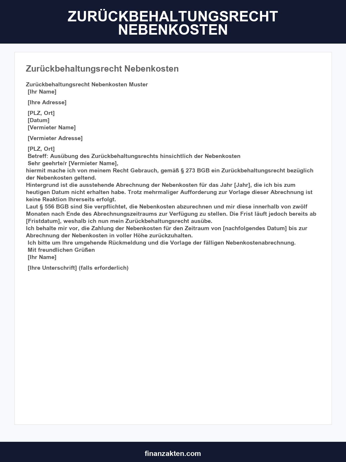 Zurückbehaltungsrecht Nebenkosten Musterbrief
